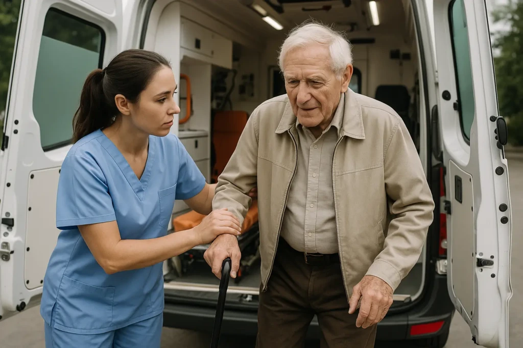 Attendant steadying an older man with a cane as he walks to a medical transport van