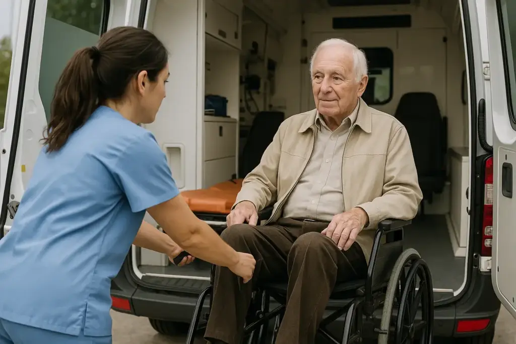 Attendant helping an older man seated in his wheelchair at an accessible medical transport van