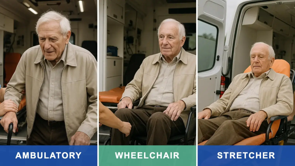 Side-by-side comparison of ambulatory, wheelchair, and stretcher medical transportation for an older adult